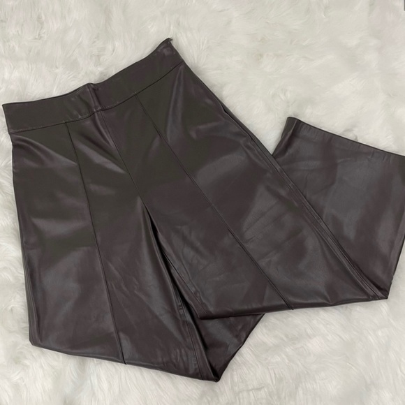 Zara Wide Leg Ankle Crop Faux Leather Pants Size Medium Brown - Picture 5 of 5